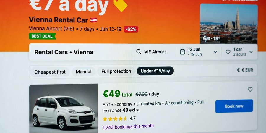 Aggregator-scherm met een huurauto in Wenen voor zeven euro per dag