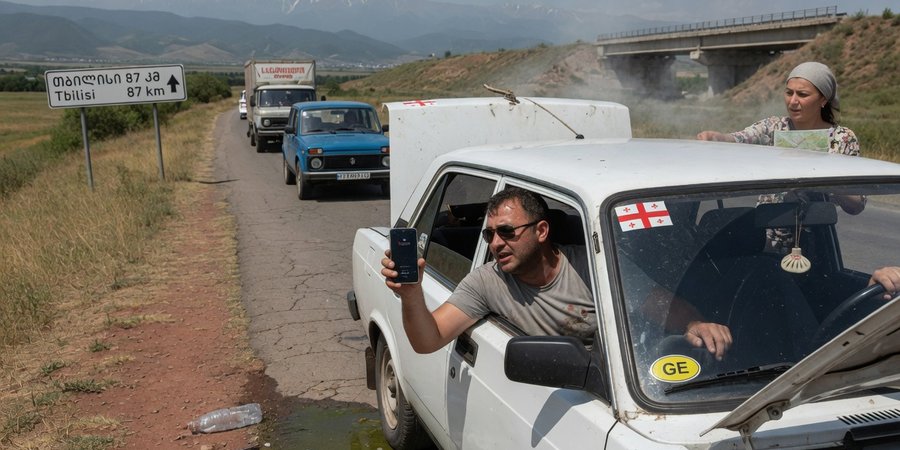 Reiziger in een huurauto in Georgië