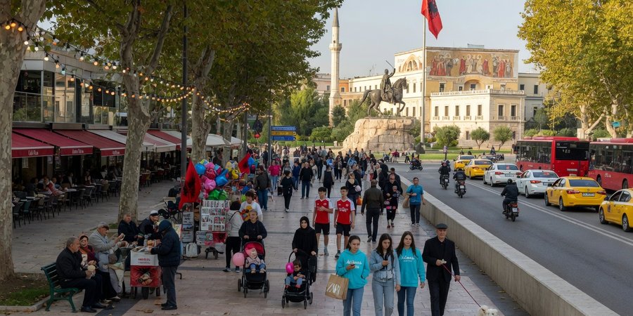 Voetgangers op de boulevard bij Skanderbegplein in centrum Tirana