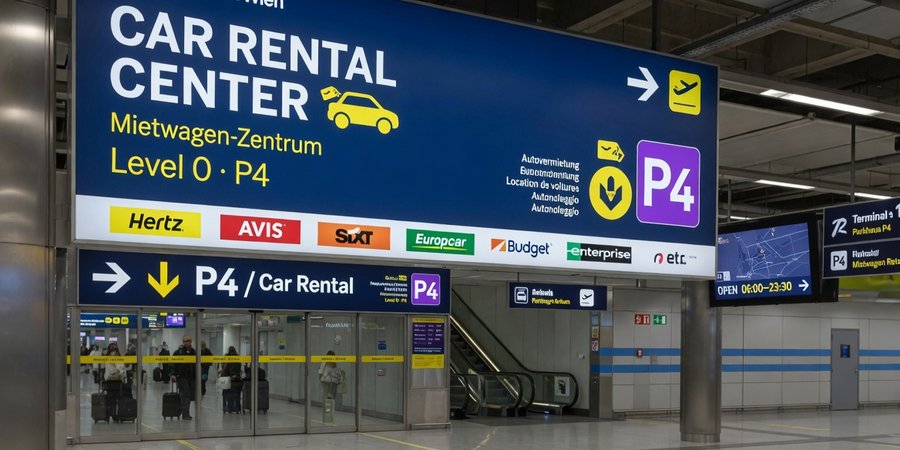 Bewegwijzering Car Rental Center op niveau 0 van parkeergarage P4 in Wenen-Schwechat