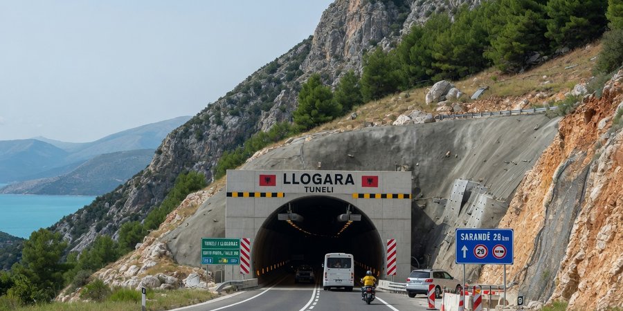 Zuidportaal van de Llogara-tunnel op de SH8 tussen Vlorë en Saranda