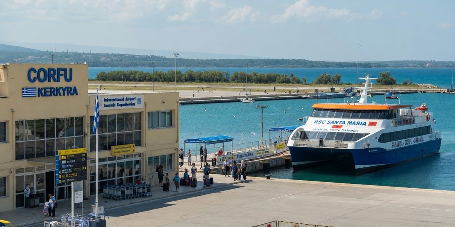 Luchthaven Corfu met een hydrofoil naar Saranda in de haven op de achtergrond
