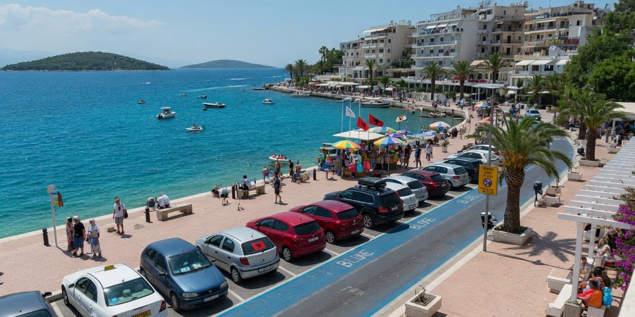 Boulevard van Saranda met auto's in de blauwe zone in de zomer