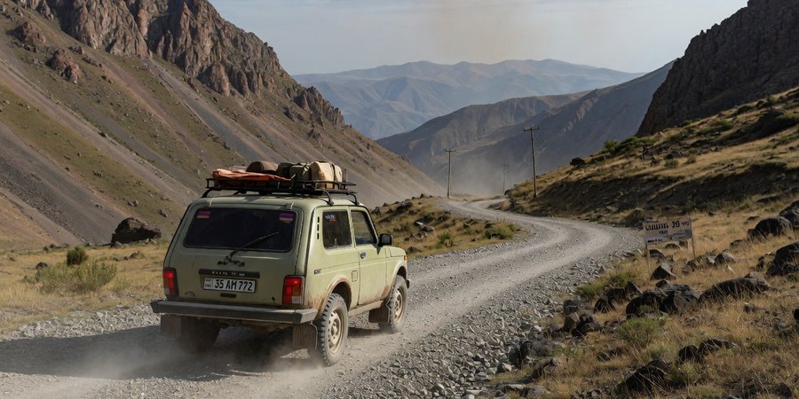 Lada Niva op een grindweg in de Syunik-bergen, Armenië