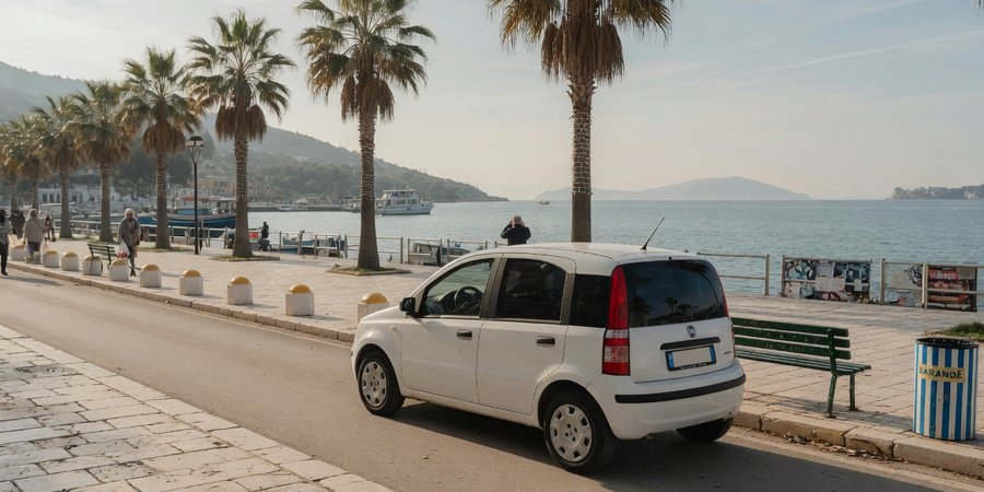Compacte huurauto op de boulevard van Saranda in milde winterzon