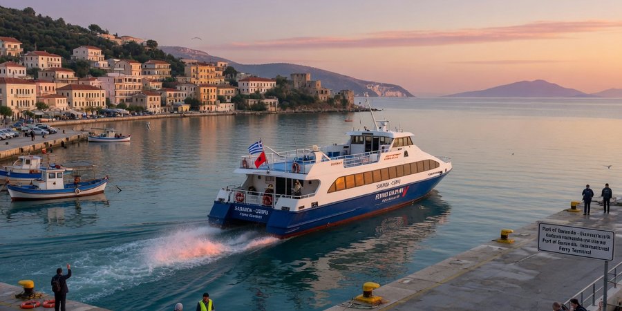 Snelle veerboot Saranda – Corfu bij de haven in het ochtendlicht