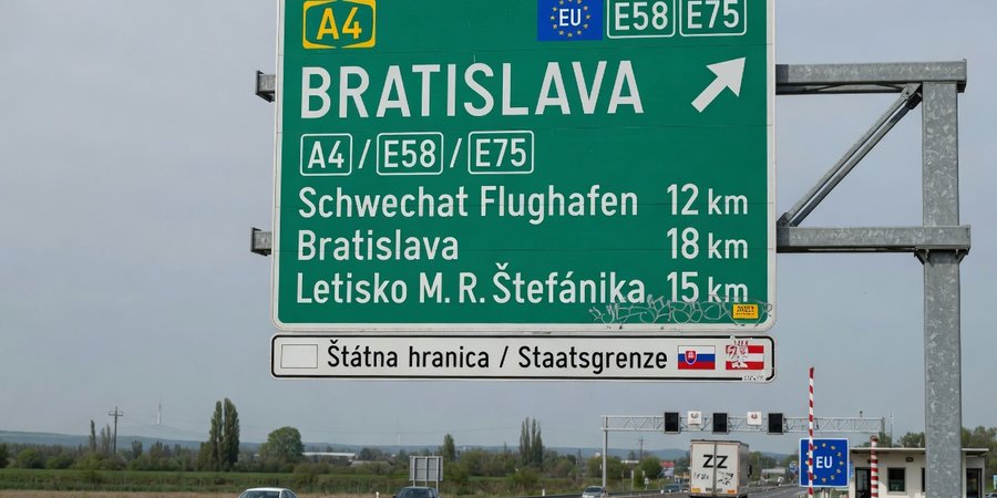 Wegwijzer A4 tussen Wenen en Bratislava aan de Slowaakse grens