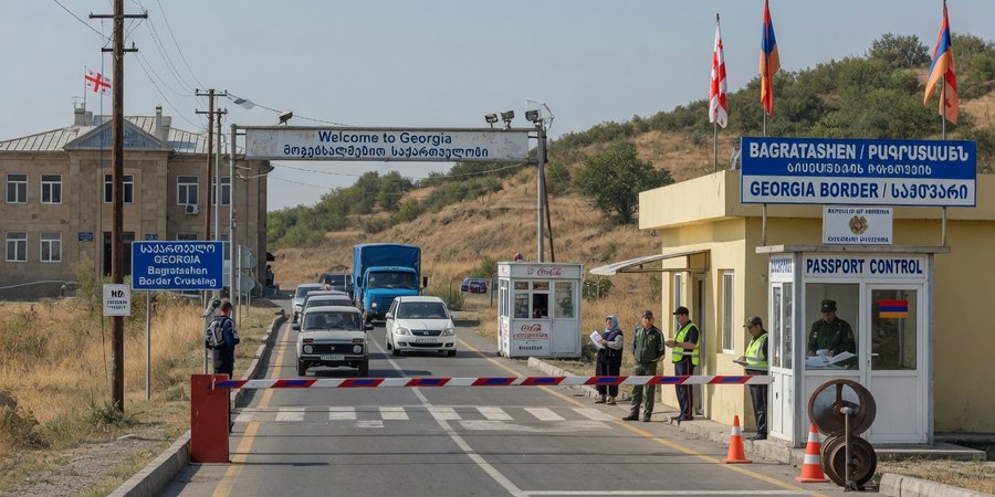 Grenspost Bagratashen op de weg van Armenië naar Georgië
