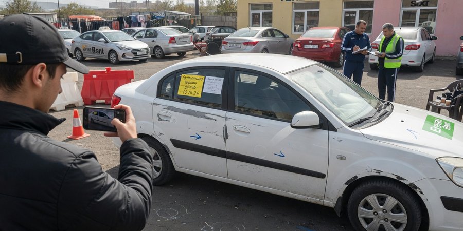 Huurder die de carrosserie van een huurauto filmt op het ophaalterrein in Jerevan