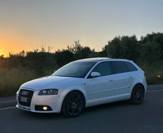 Vooraanzicht van een huurauto Audi A3 op de luchthaven van Tirana, Albanië ✓ Auto #10463. ✓ Transmissie Handmatig TM ✓ 0 beoordelingen.