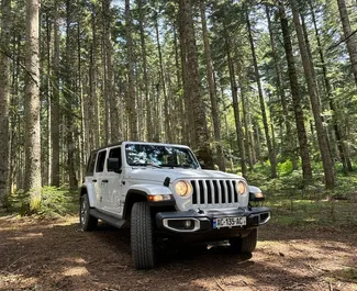 Vooraanzicht van een huurauto Jeep Wrangler Sahara in Tbilisi, Georgië ✓ Auto #13658. ✓ Transmissie Automatisch TM ✓ 0 beoordelingen.