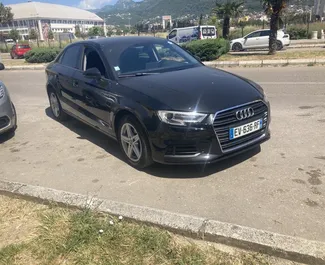 Vooraanzicht van een huurauto Audi A3 Sedan op Podgorica Luchthaven, Montenegro ✓ Auto #15663. ✓ Transmissie Automatisch TM ✓ 0 beoordelingen.