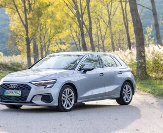Vooraanzicht van een huurauto Audi A3 in Becici, Montenegro ✓ Auto #15932. ✓ Transmissie Automatisch TM ✓ 0 beoordelingen.